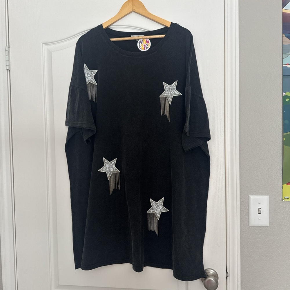 Black T-Shirt with Silver Star Accents